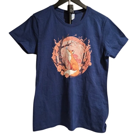 Port & Company Tops - Port & Company Fox Cherry Blossom Butterfly Graphic T-Shirt Navy Blue Small